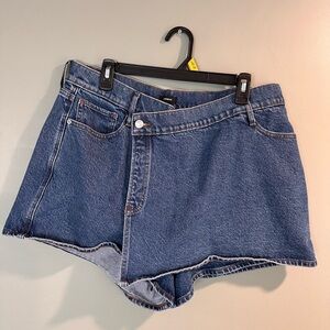 Express Asymmetric Dark Blue Denim Jean Shorts